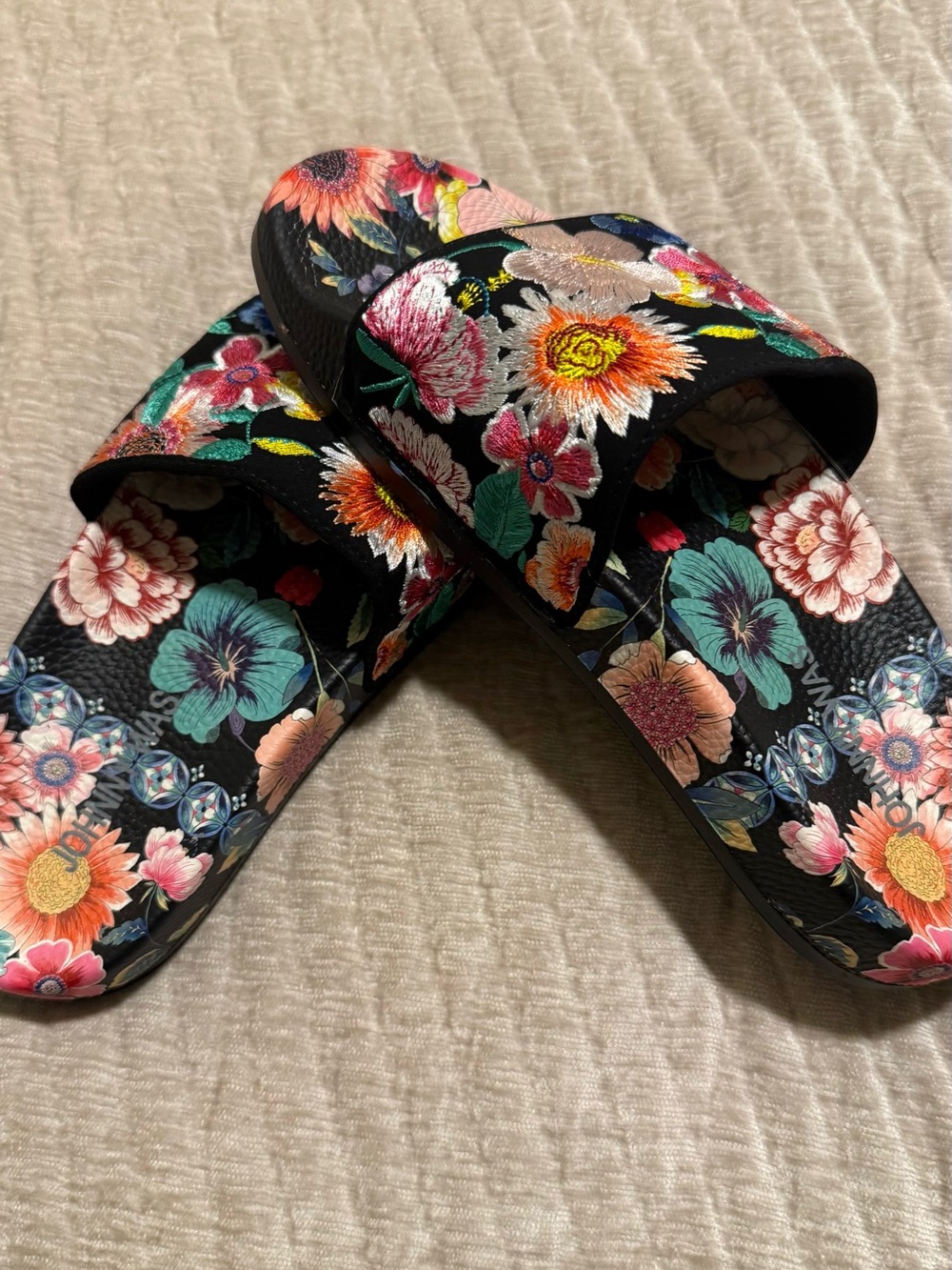 Johnny Was Black Floral Slide Sandals with Multicolor Embroidery
